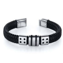 Fabrik Großhandelskettenarmband FH-49 Mens-schwarzes gesponnenes Leder gestreiftes Edelstahlarmband